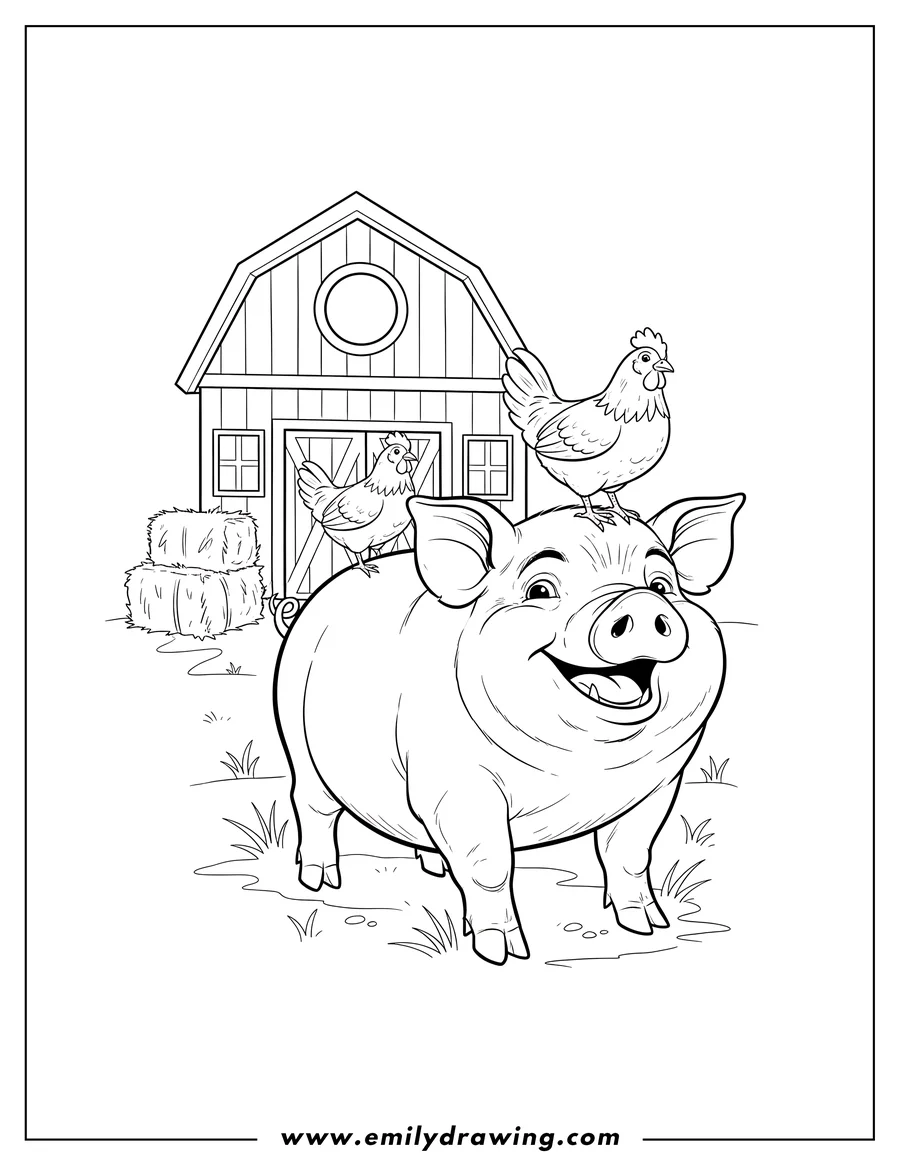 Outline of a smiling pig with two chickens on its back and head, standing in front of a barn with hay bales.