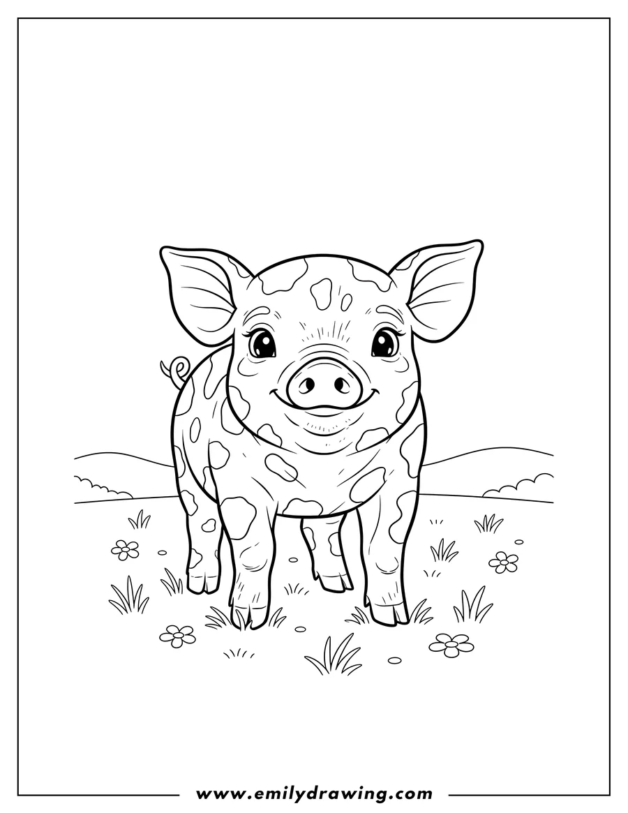 Outline of a cheerful pig with spots standing in a grassy field with small flowers and distant hills.