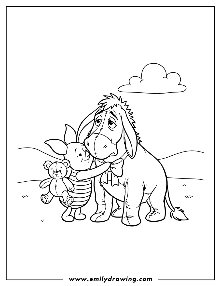 PDF style coloring page: piglet hugging a pensive Eeyore, with Piglet holding a teddy bear