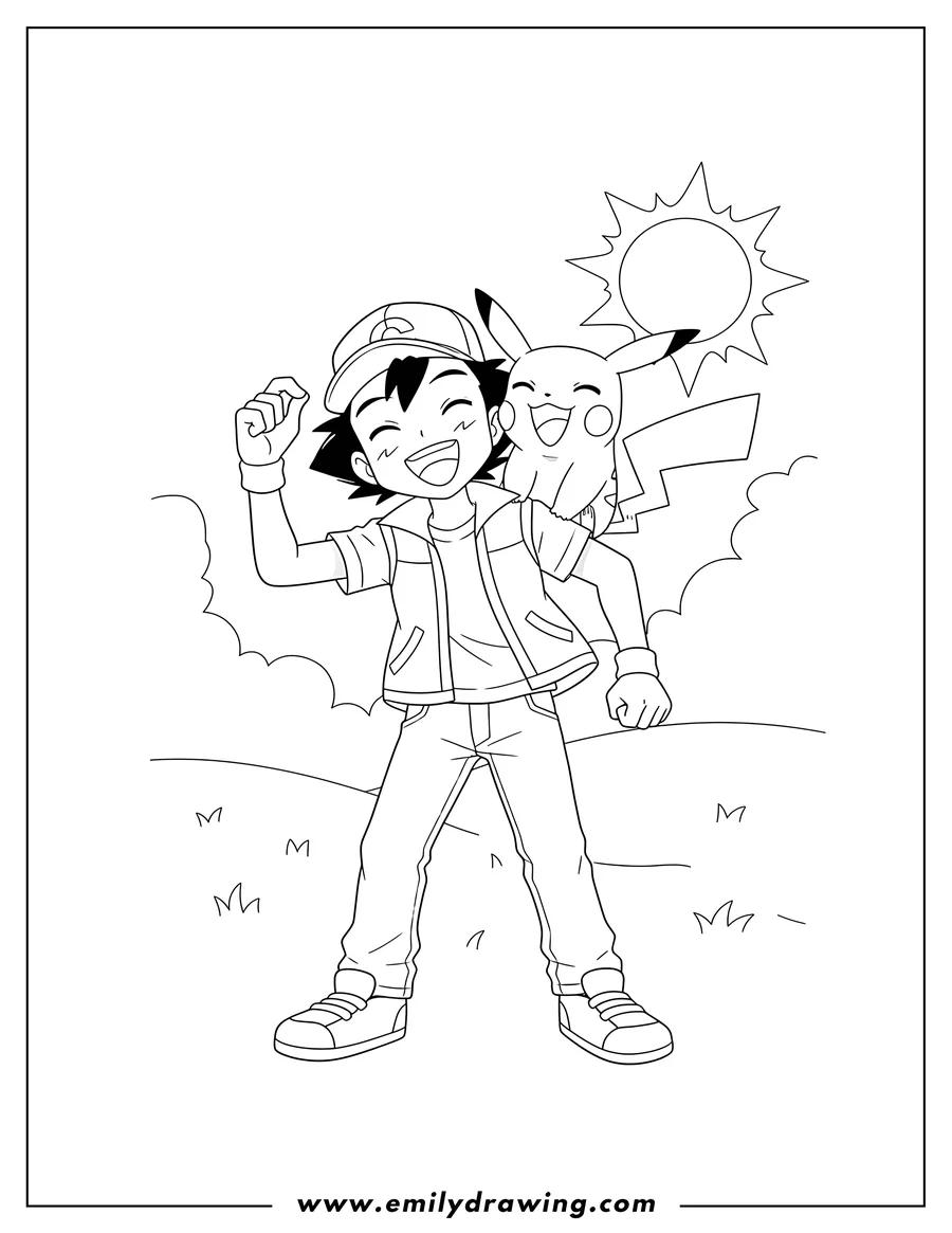 Vector style outline of pikachu on Ash Ketchum's shoulder, with Ash holding his cap, both laughing