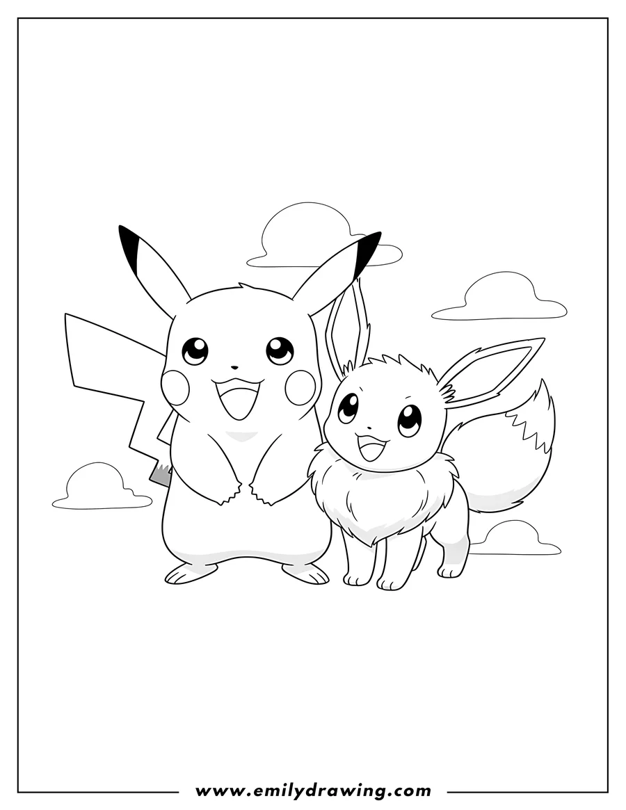 Vector style outline of pikachu and Eevee smiling together