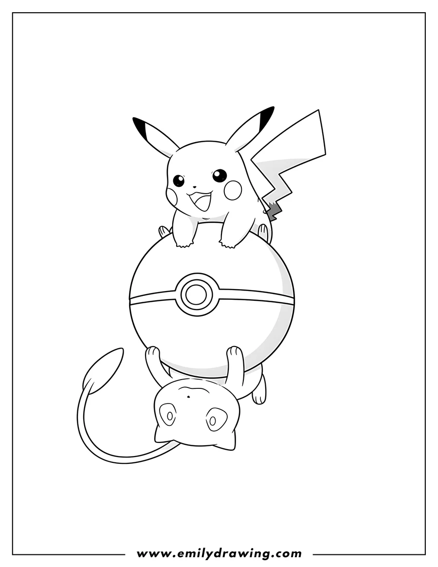 Linear illustration of pikachu above and upside-down Mew hugging a large Pokeball