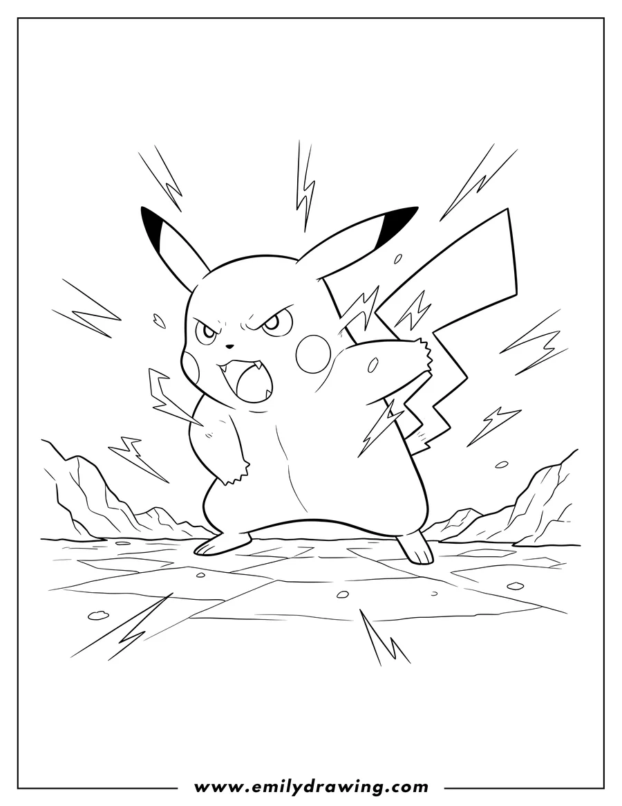 Linear illustration of pikachu Video Game, angry Pikachu ready to fight