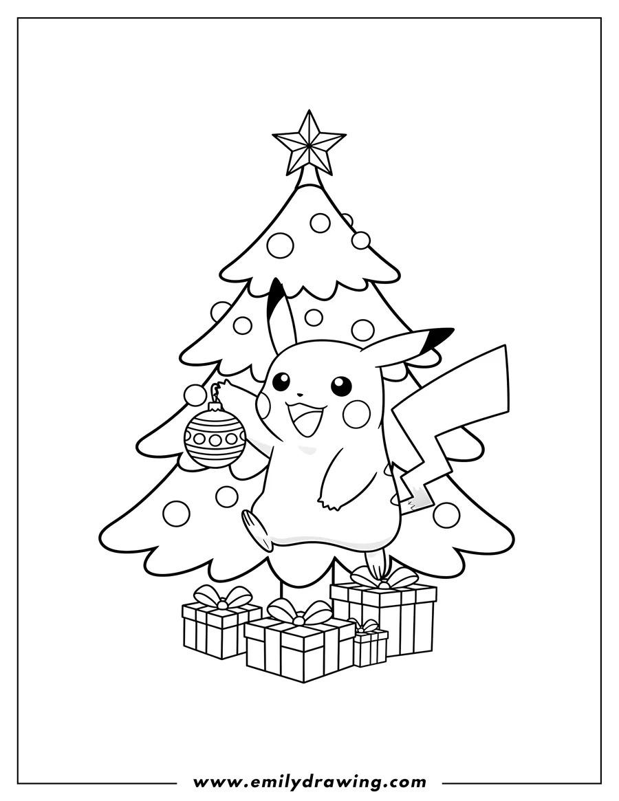 Printable coloring page of pikachu Decorating Christmas Tree, holding an ornament