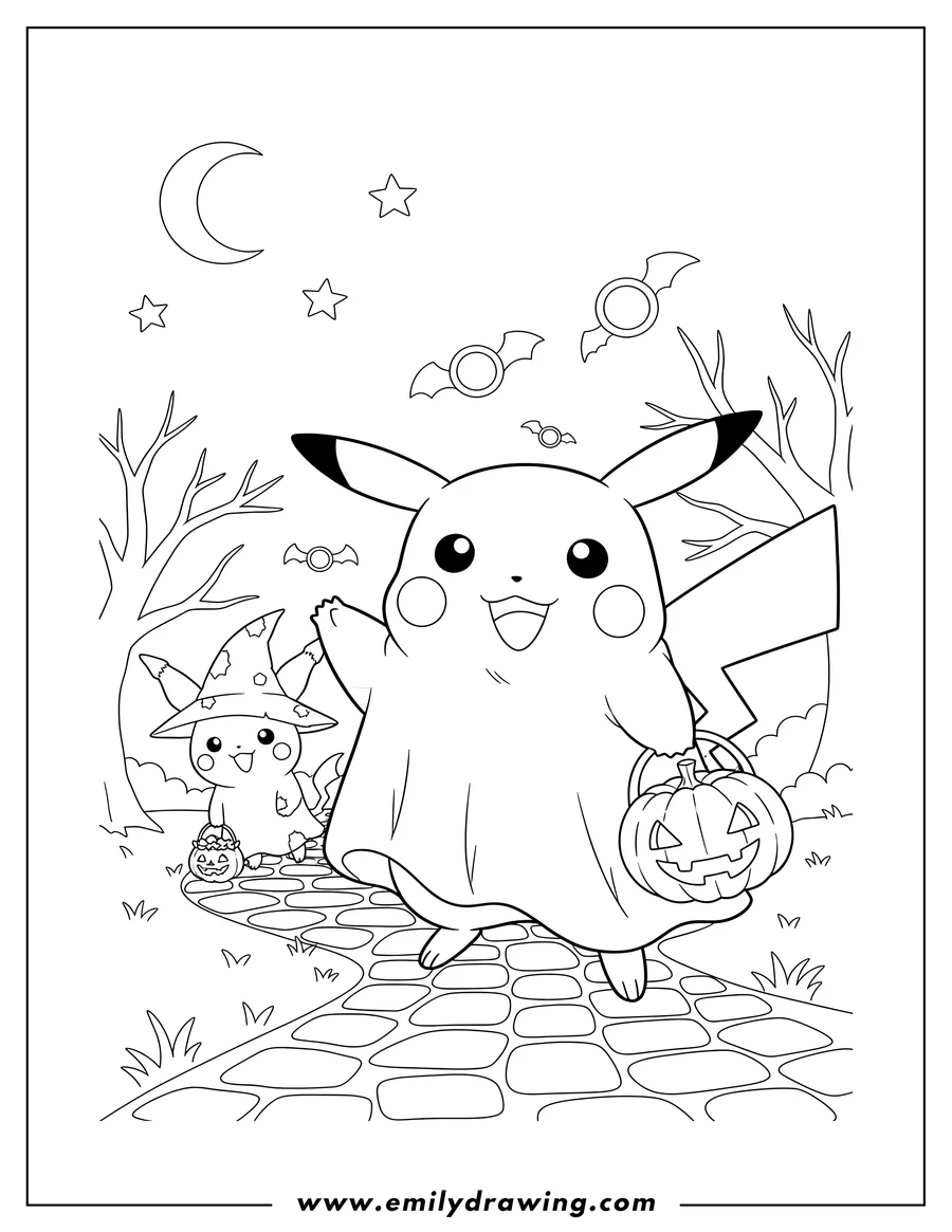Doodle style coloring picture of pikachu in a ghost costume holding a pumpkin basket, trick or treating with Mimikyu