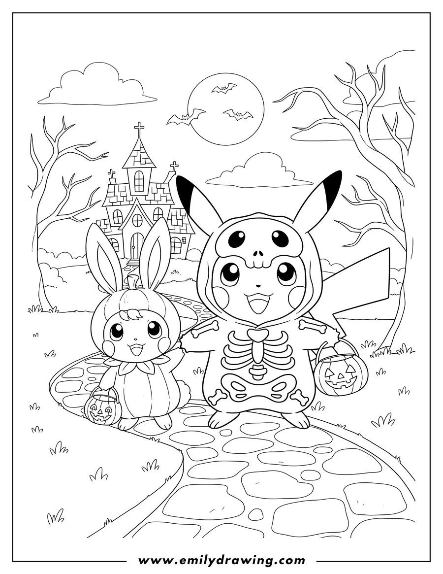 Linear illustration of pikachu in a skeleton costume and Buneary in a pumpkin costume, both with pumpkin buckets, trick-or-treating