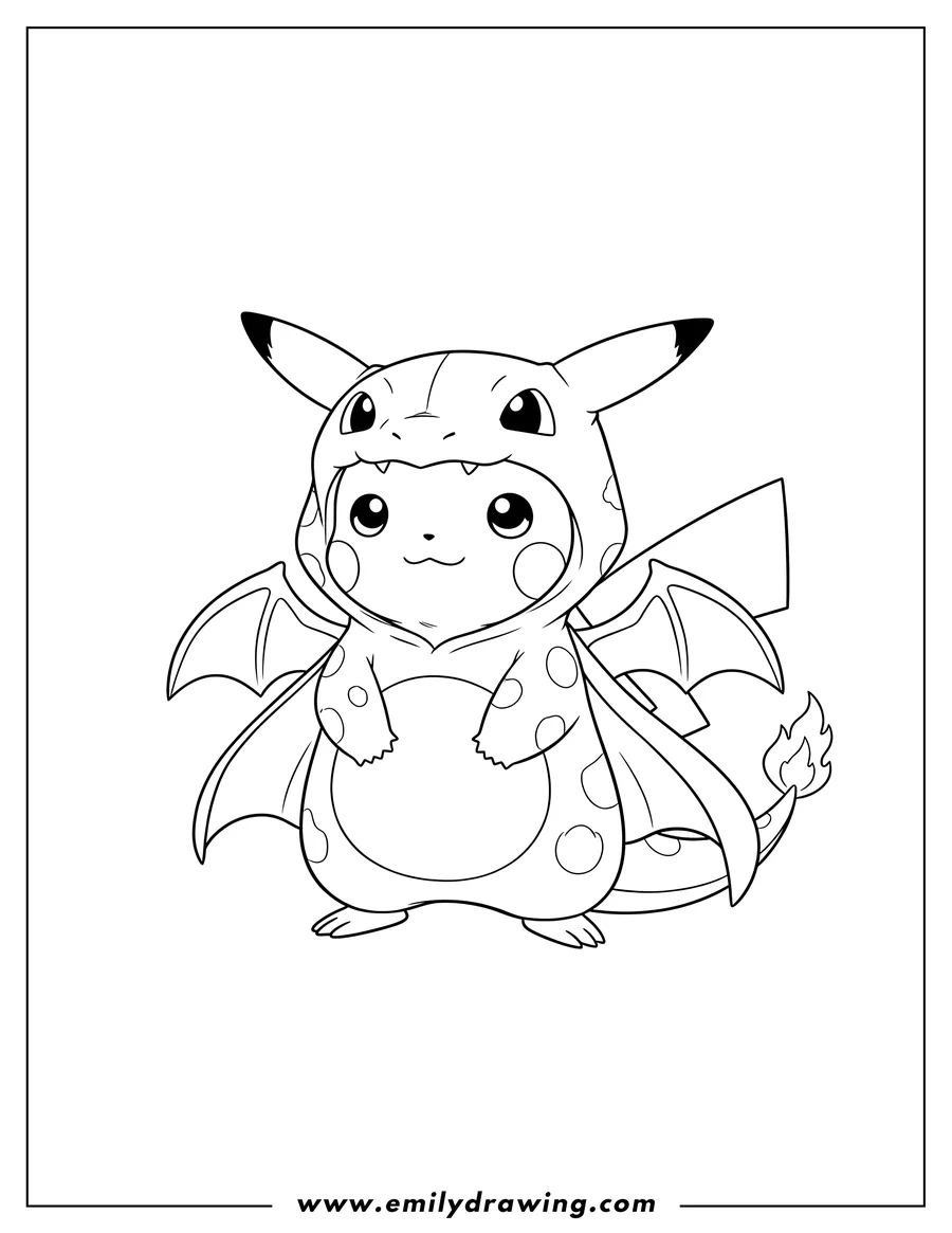 Full page coloring image of kawaii Pikachu standing in a Charizard costume with a cape and headpiece