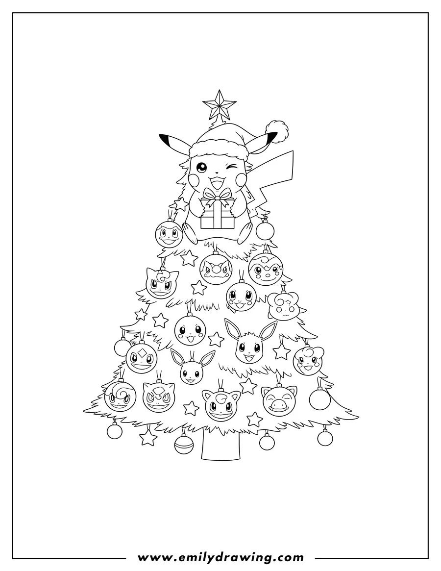 Coloring sheet featuring pikachu wearing a Santa hat, winking, and holding a gift on top of a Christmas tree adorned with multiple Pokemon character ornaments
