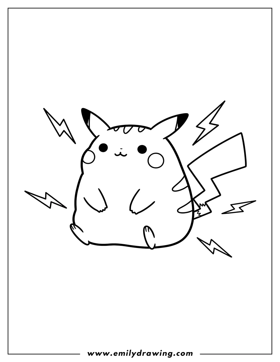 Simple sketch of pikachu Pusheen Pokemon Scaled, sitting with lightning bolts to color