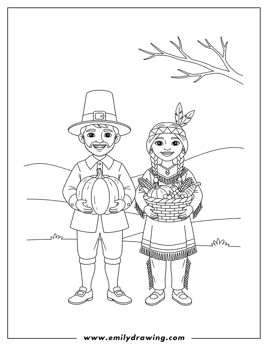 Black and white line art of pilgrim and Native American carrying a pumpkin and a basket of food