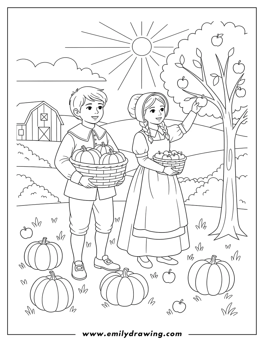 Printable line art of pilgrim children harvesting pumpkins and apples with baskets