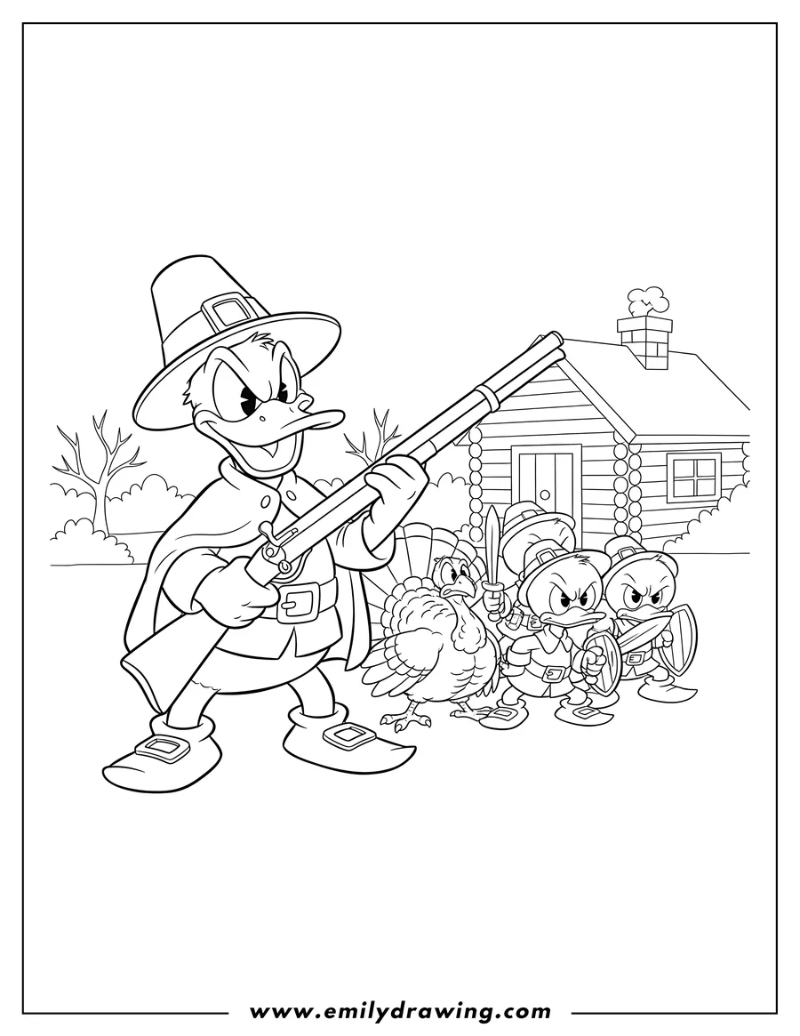 Coloring page for kids: pilgrim Donald Duck holding a musket, with angry Huey, Dewey, and Louie guarding a turkey