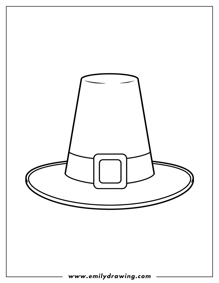 Black and white line art of pilgrim Hat Outline with a Buckle for Preschoolers