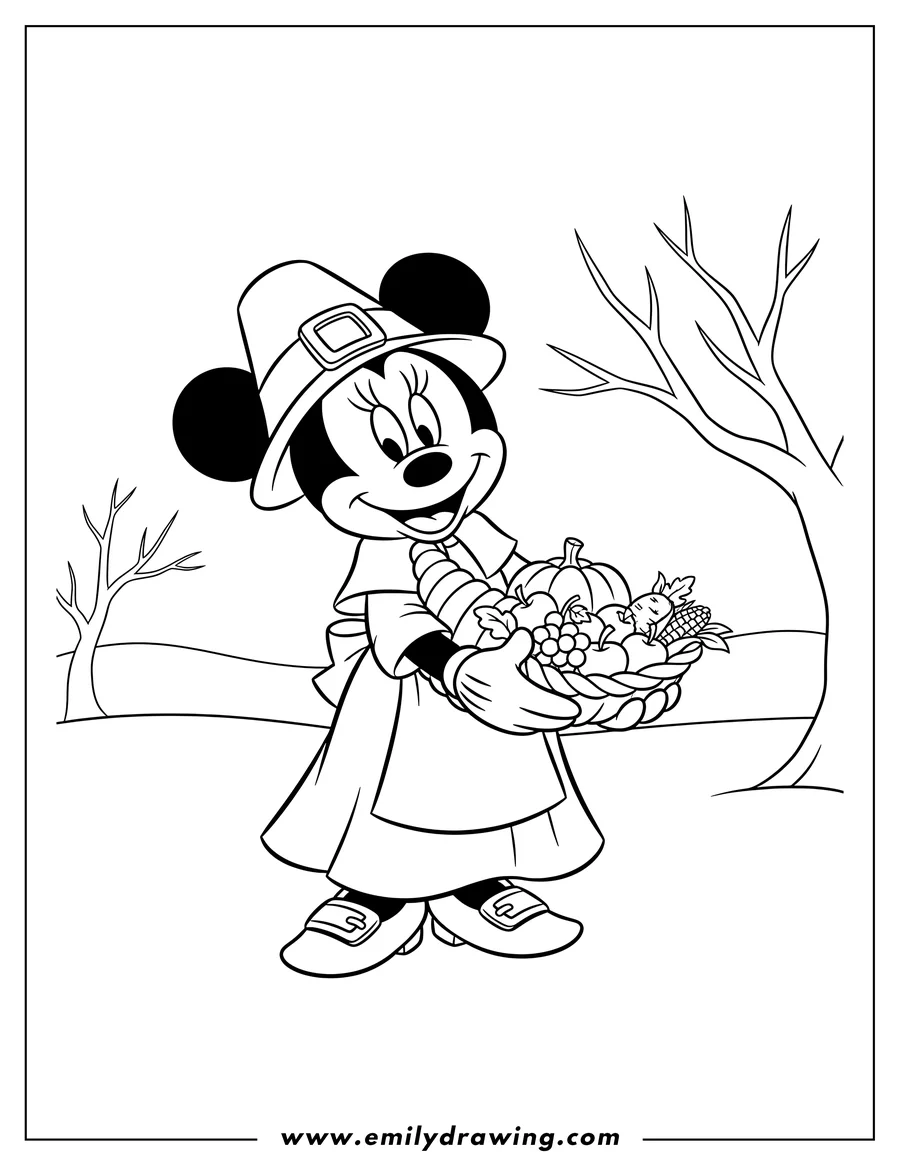 Coloring page of pilgrim Minnie Mouse smiling and holding a cornucopia on Thanksgiving