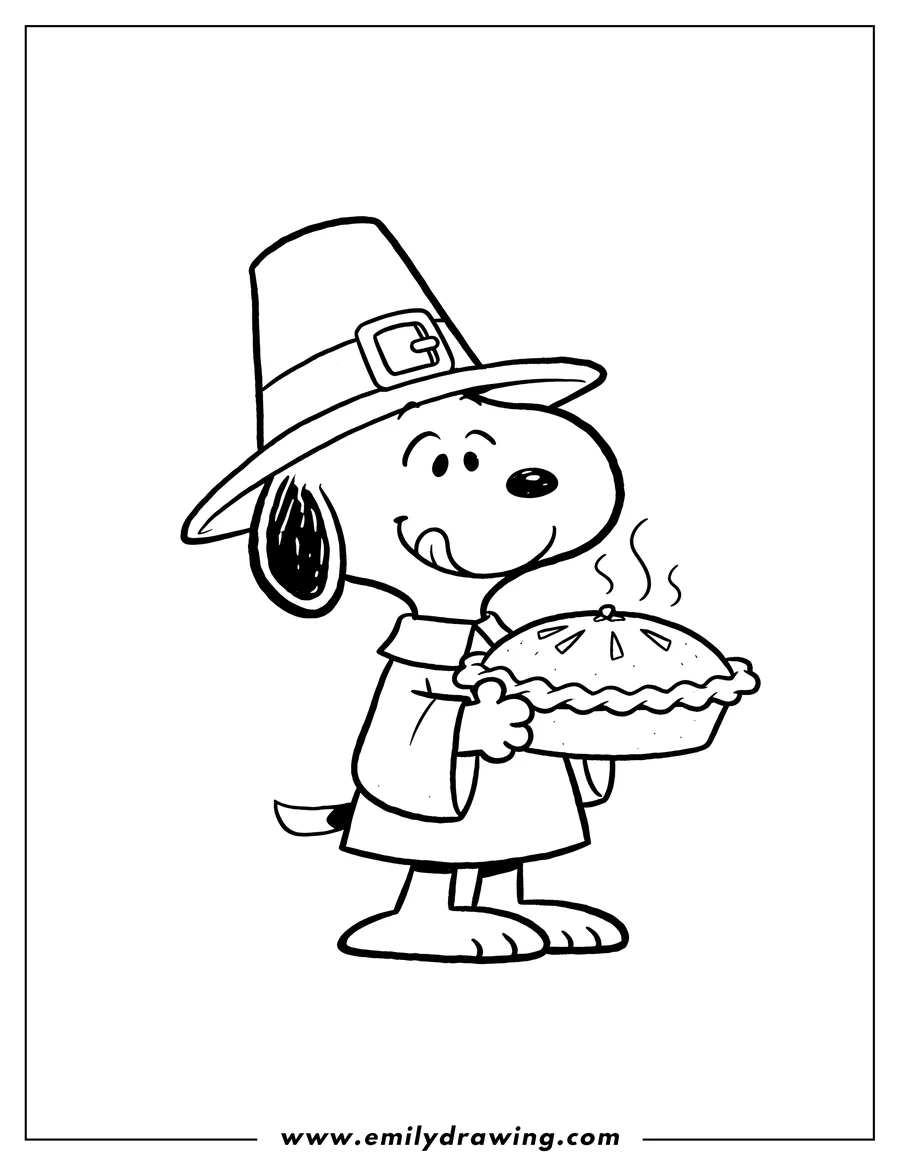 Doodle style coloring picture of pilgrim Snoopy licking his lips, carrying a pie