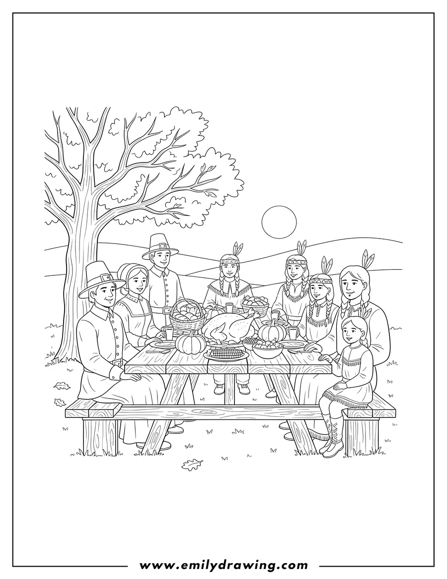 Coloring page for kids: pilgrims and Native Americans eating a Thanksgiving feast at a picnic table