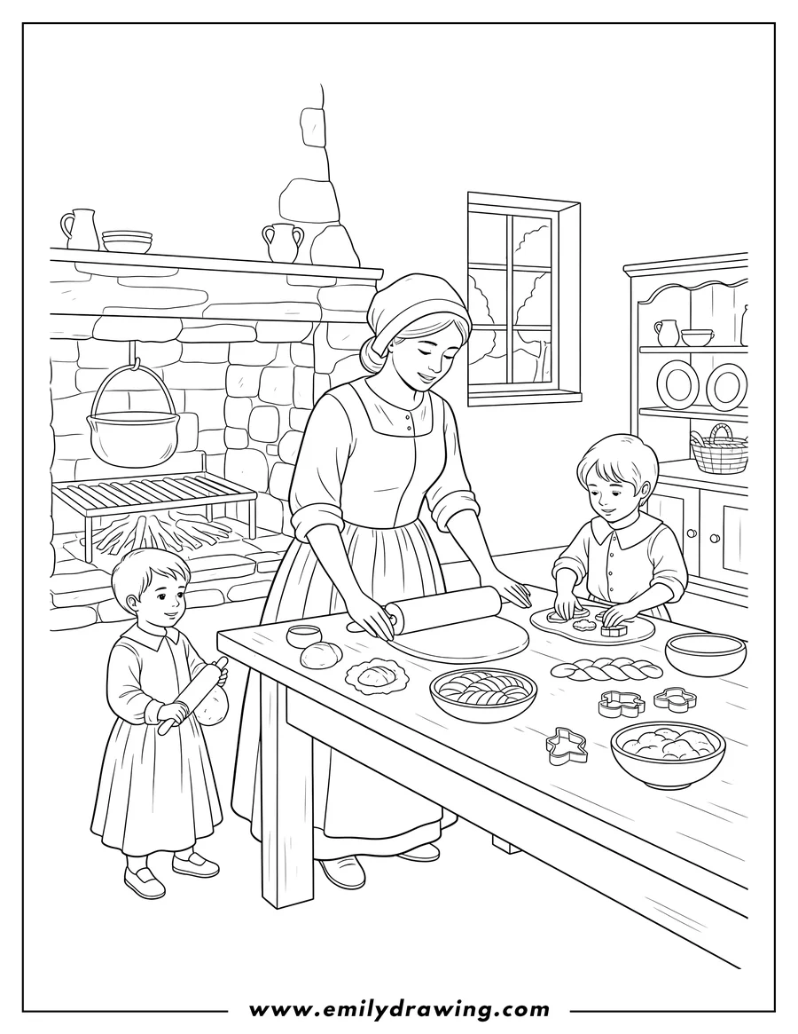 Clean line drawing: pilgrims Kitchen Baking Bread: Adult and two children rolling dough
