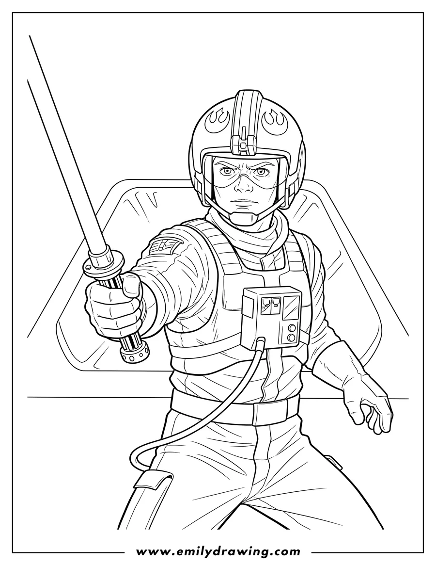 Full page coloring image of pilot Luke Skywalker holding his lightsaber hilt forward