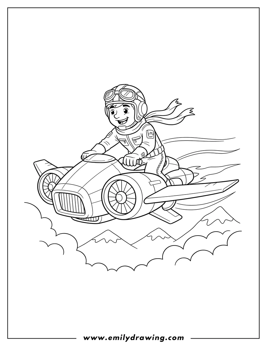 Linear illustration of A pilot riding a flying speeder bike