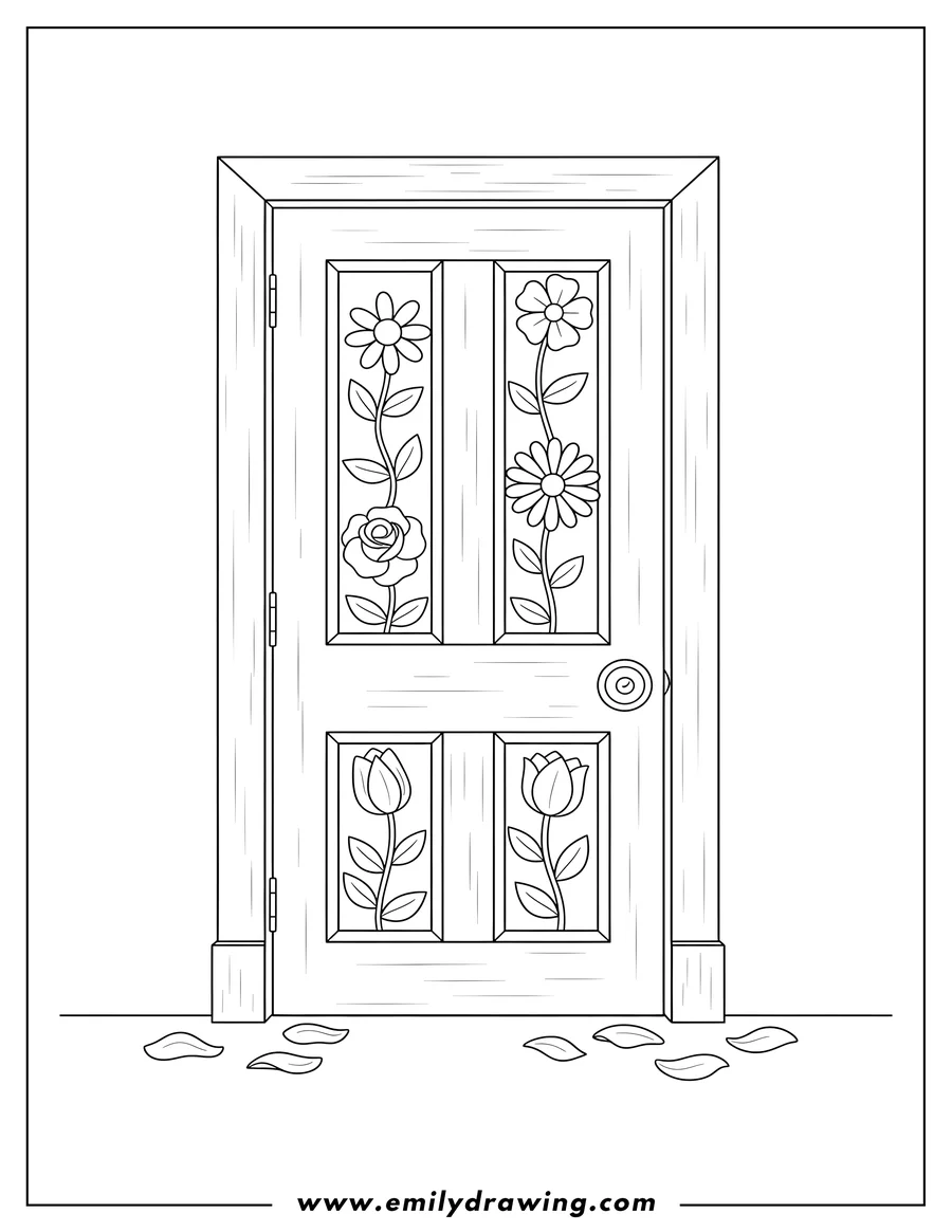 Coloring sheet featuring pink Flower Door From Monsters Inc with panels, a door knob, and scattered flowers to color