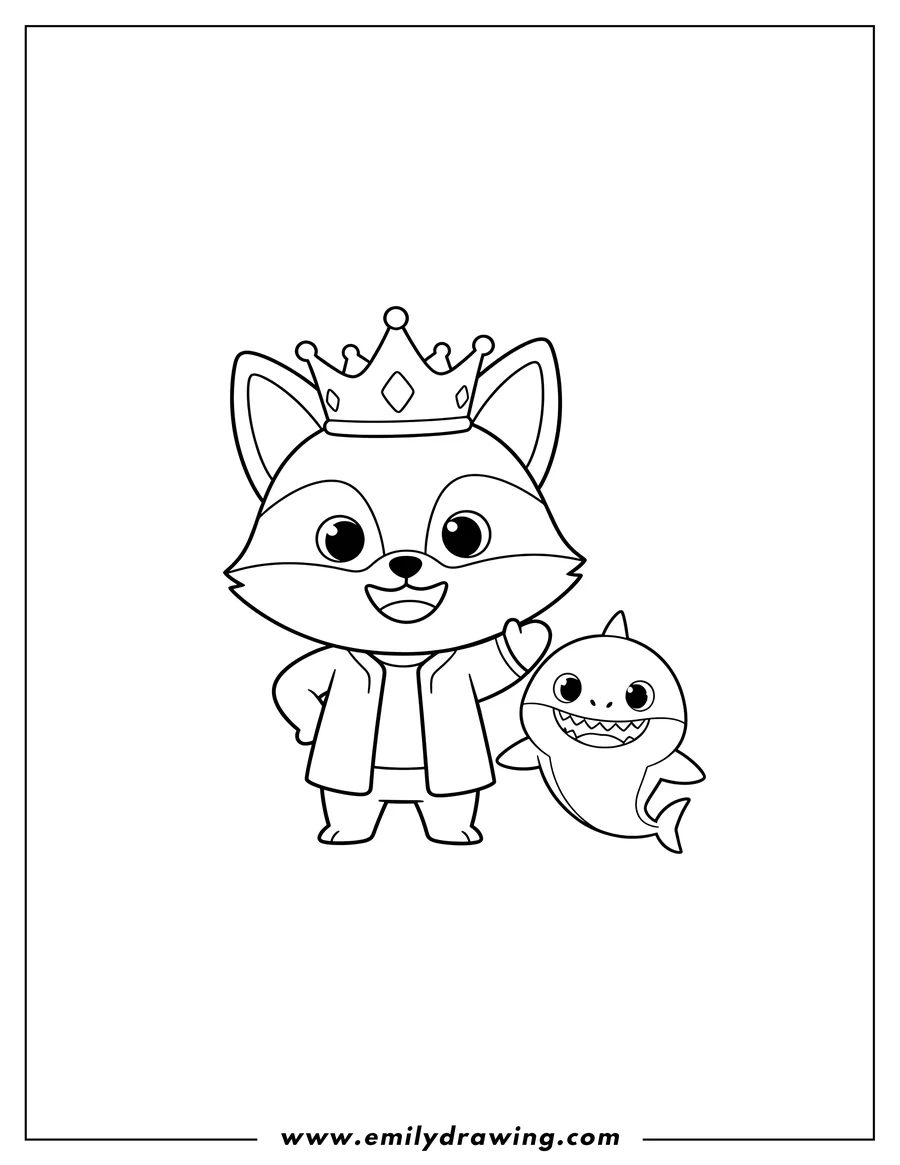Printable line art of pinkfong (wearing a crown and waving) and Baby Shark (smiling) coloring page