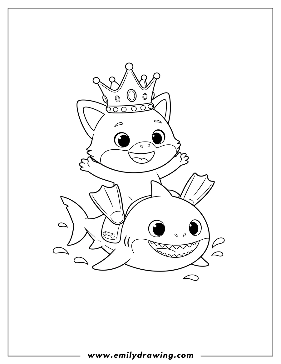 Printable coloring page of pinkfong with a crown and flippers riding on Baby Shark