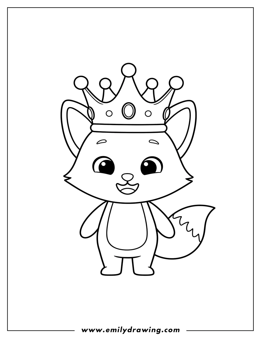 Simple sketch of pinkfong standing, wearing a crown and smiling to color