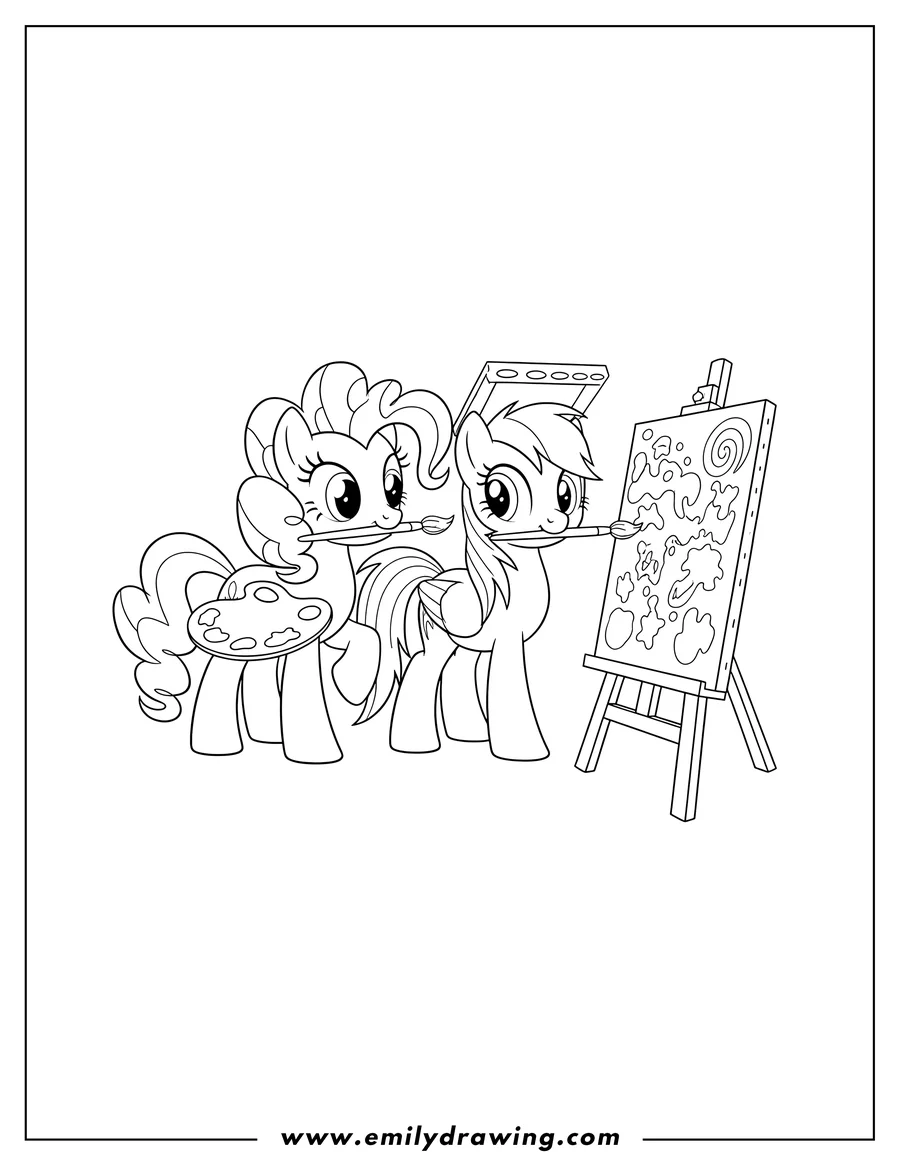 Clean line drawing: pinkie Pie And Rainbow Dash holding paintbrushes in their mouths with palettes, painting to color