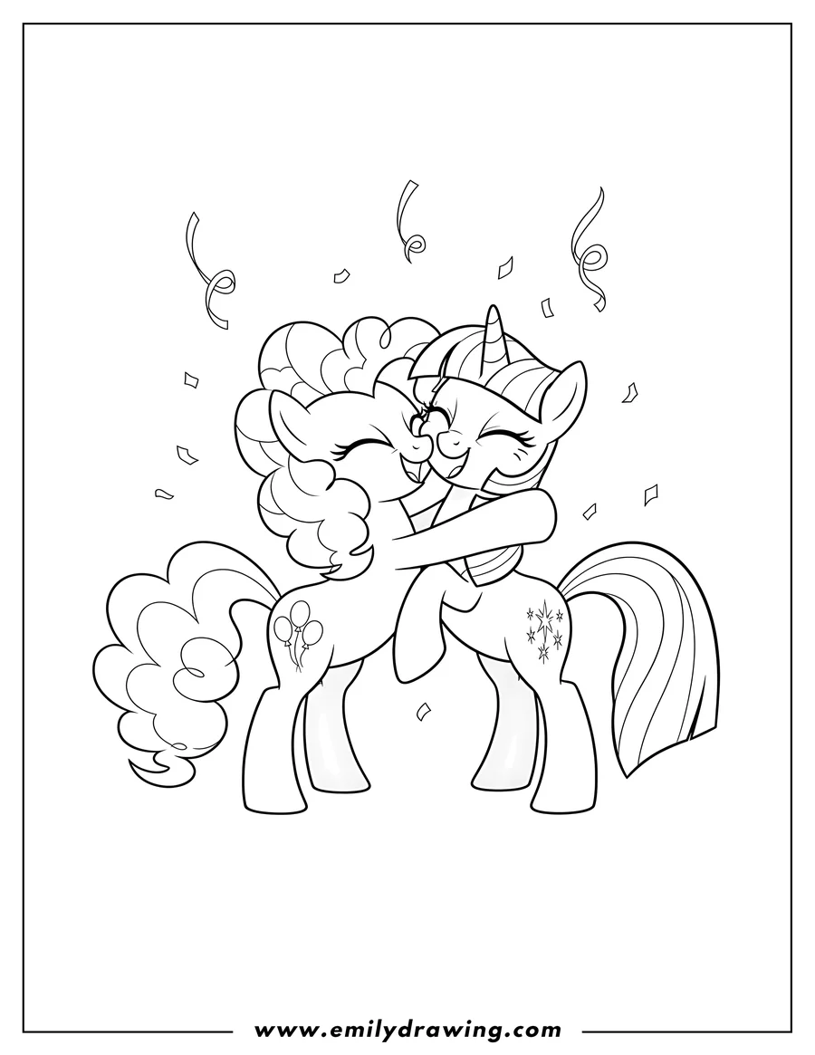 Vector style outline of pinkie Pie hugging unicorn Twilight Sparkle, both smiling