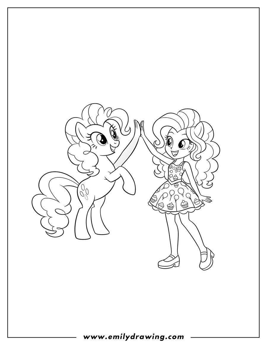 Simple sketch of pinkie Pie (pony) high-fiving her Equestria Girls human counterpart, both smiling to color
