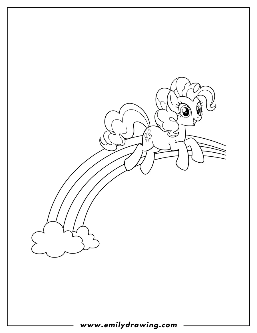 Coloring page for kids: pinkie Pie Pony happily leaping over a rainbow