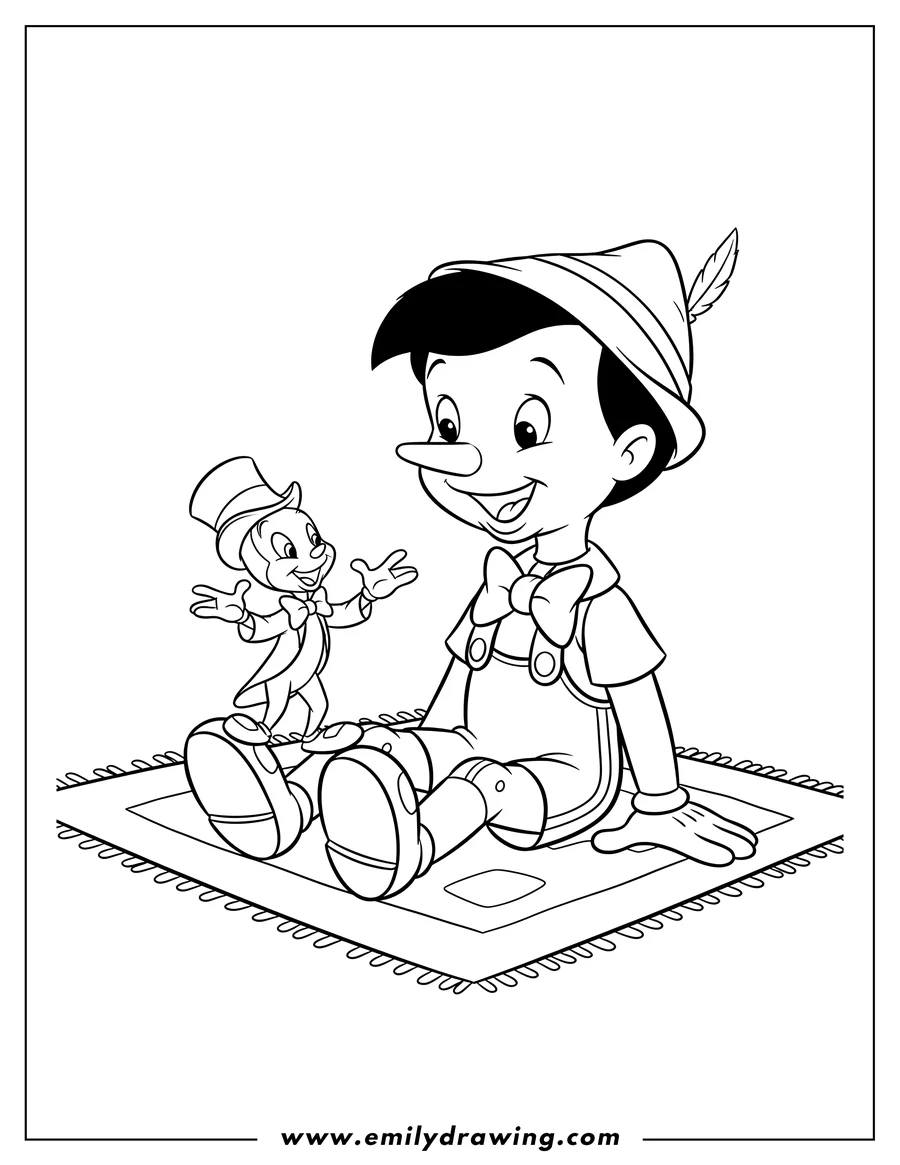 High quality printable pinocchio sitting on the floor, smiling and looking at Jiminy Cricket standing on his leg and gesturing for coloring