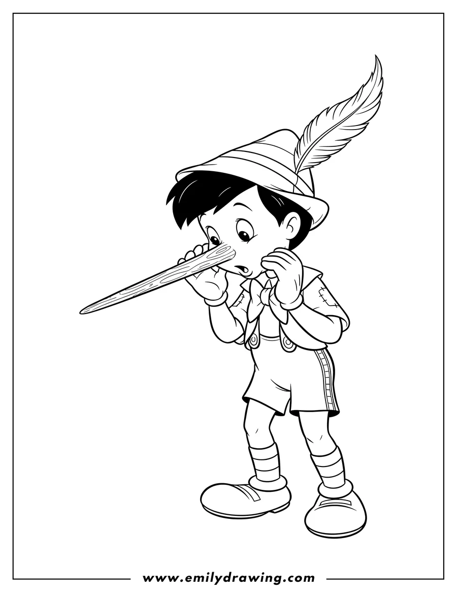 Simple sketch of pinocchio wearing a feathered hat, looking down at his pointy nose to color