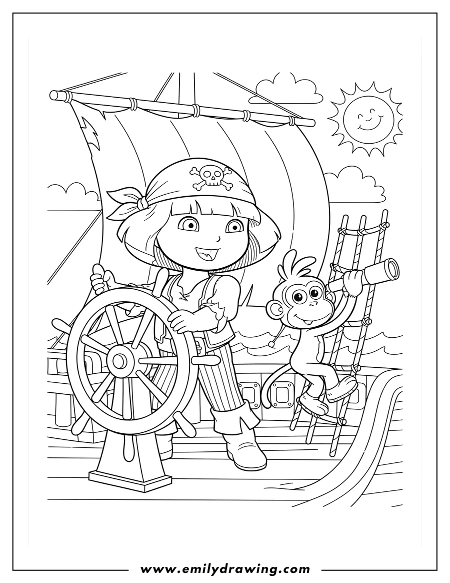 Coloring sheet featuring pirate Dora steering a ship's wheel, with Boots climbing a net and looking through a telescope, on a ship, for coloring
