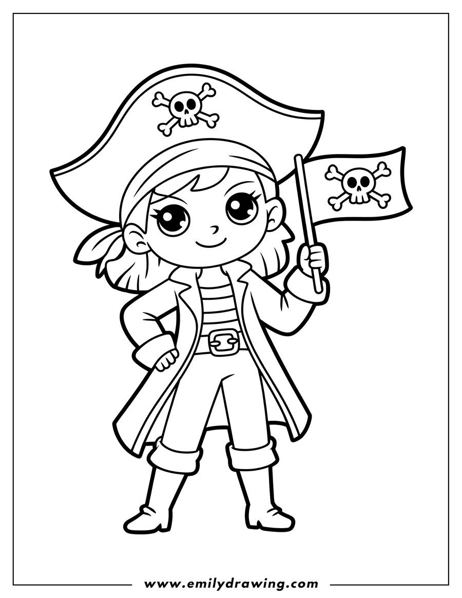 Clean line drawing: pirate Girl