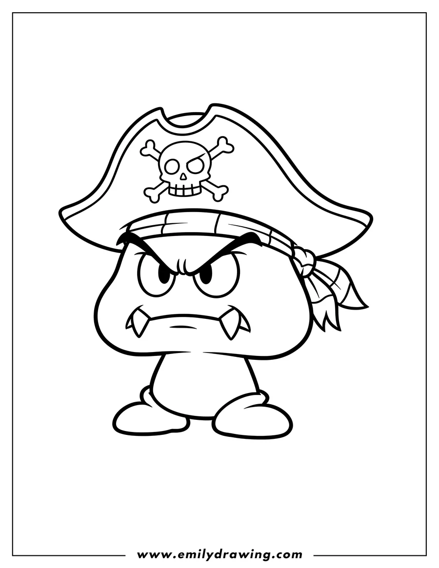 Printable coloring page of goomba Pirate Hat, looking angry with fangs and a skull emblem