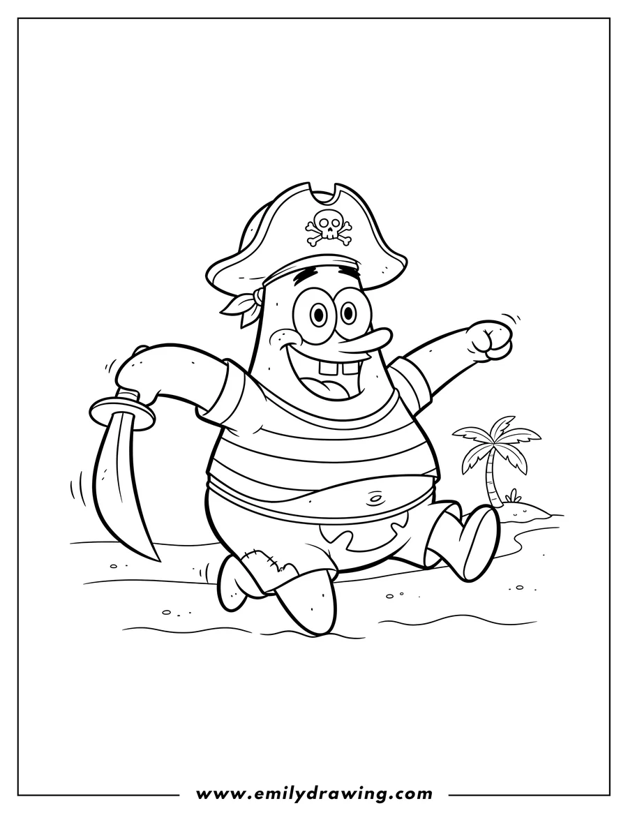 Clean line drawing: easy Outline Pirate Patrick Star with a big open-mouthed smile in a dynamic running pose