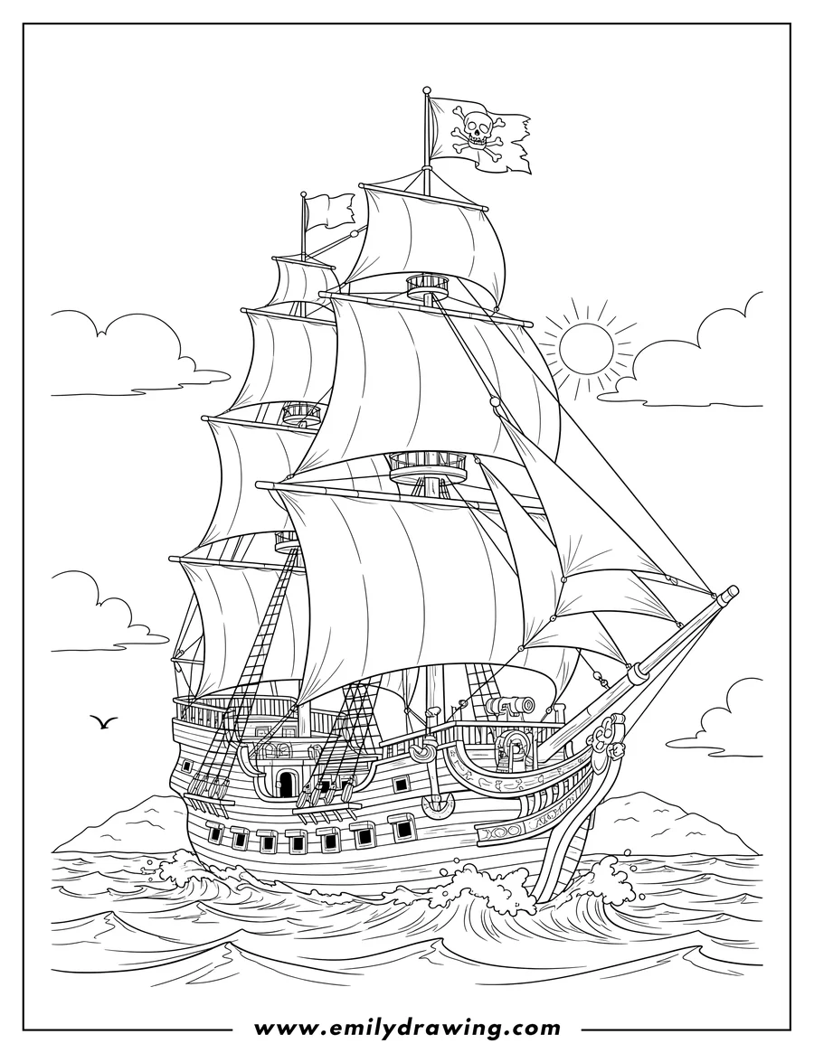 Linear illustration of pirate Ship With Multiple Masts To Color Scaled, sailing on wavy water with detailed rigging