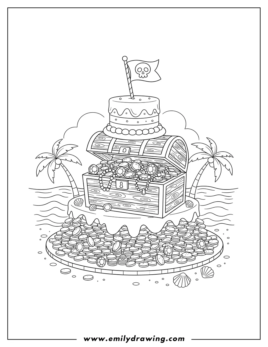 PDF style coloring page: A multi-tiered pirate-themed cake with gold coins, treasure chest tiers, and a skull flag, on a beach