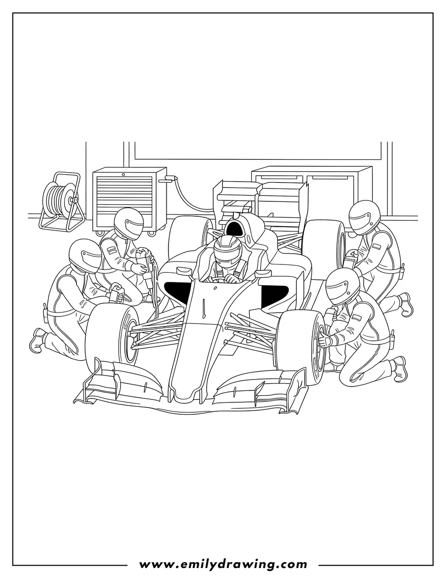 Coloring sheet featuring F1 Pit Stop Crew changing tires on a Race Car, with a driver in the cockpit