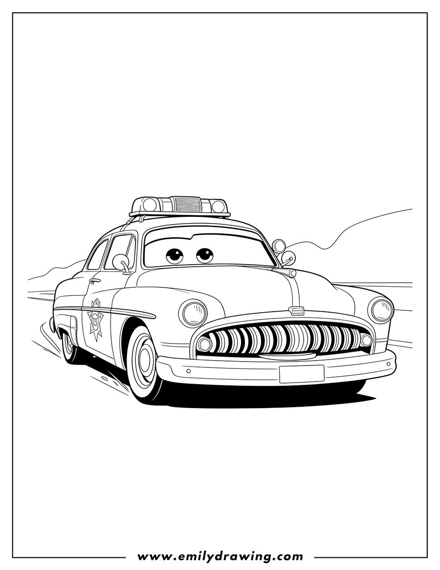 Doodle style coloring picture of pixar Cars Sheriff driving with police lights