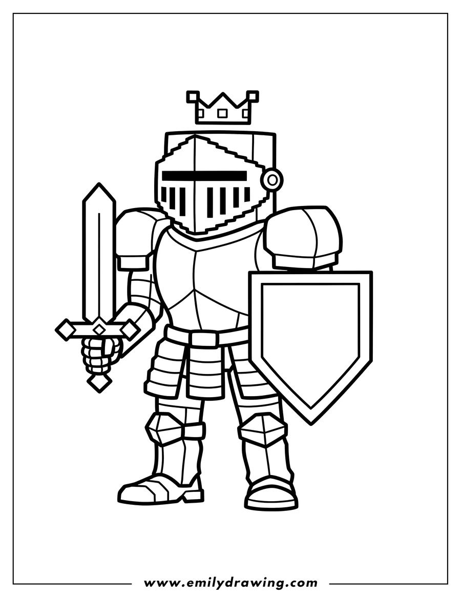 Clean line drawing: A pixel art knight with a crowned helmet