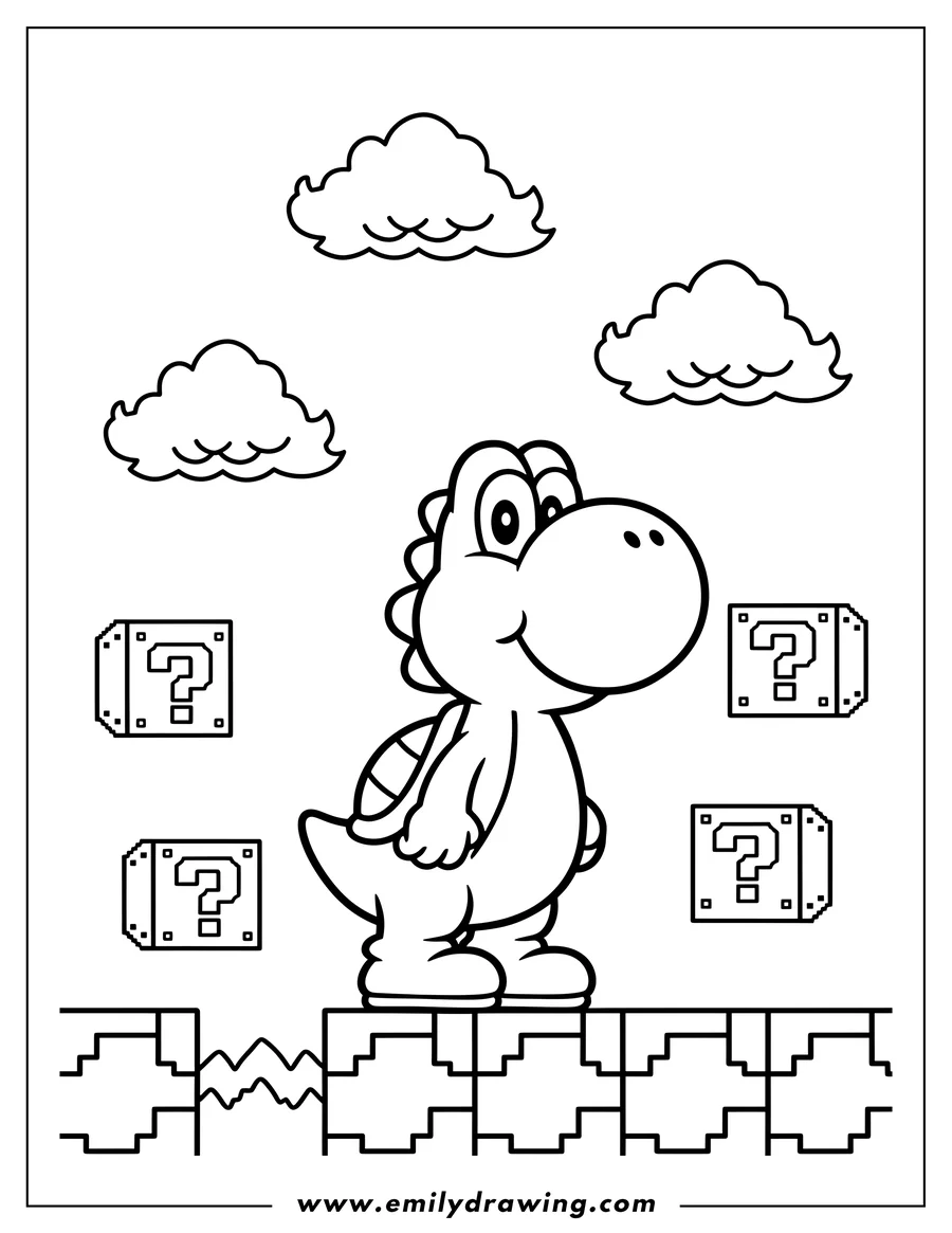Outline drawing of pixel Retro Yoshi standing with question mark blocks and clouds