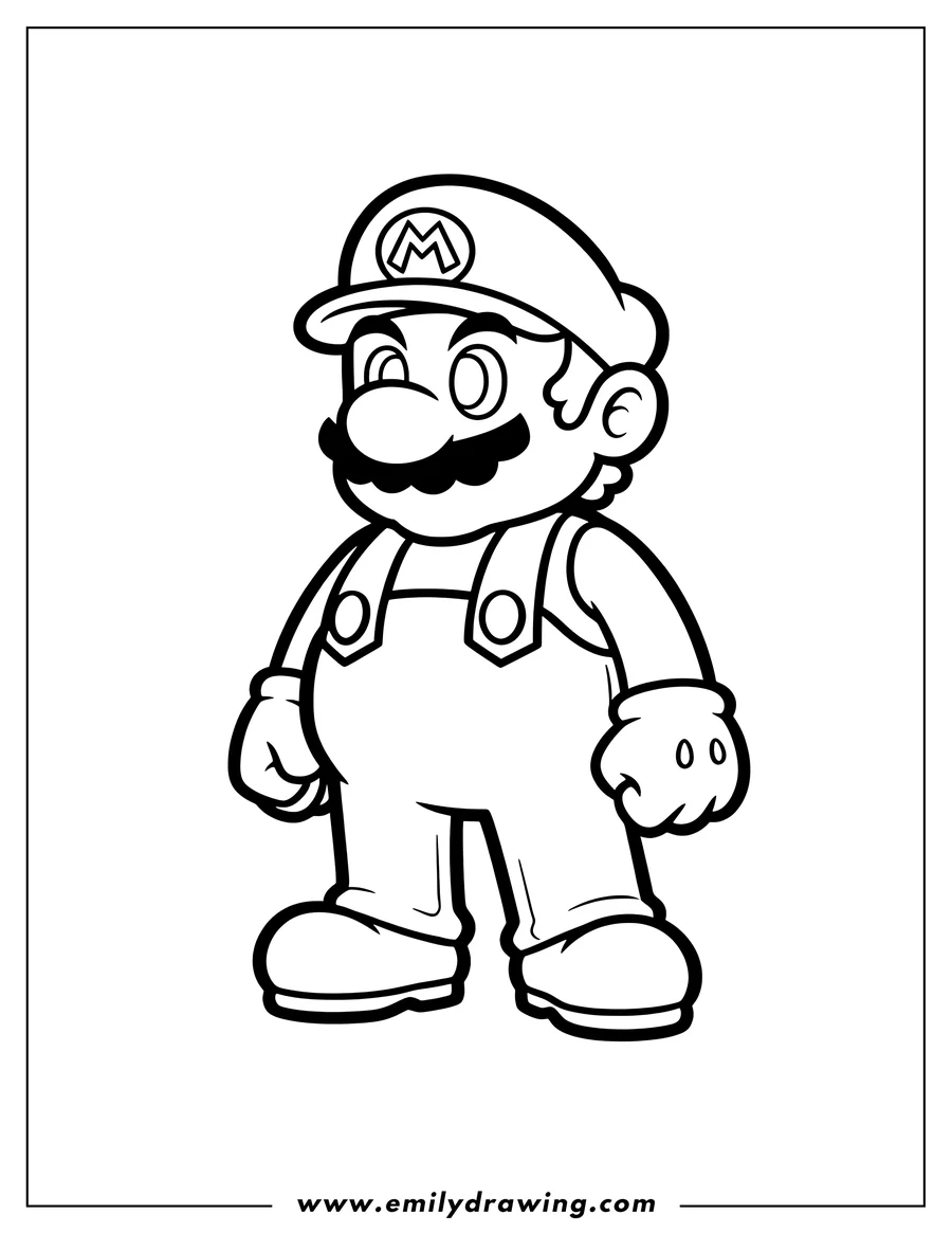 Coloring page of pixelated Super Mario standing
