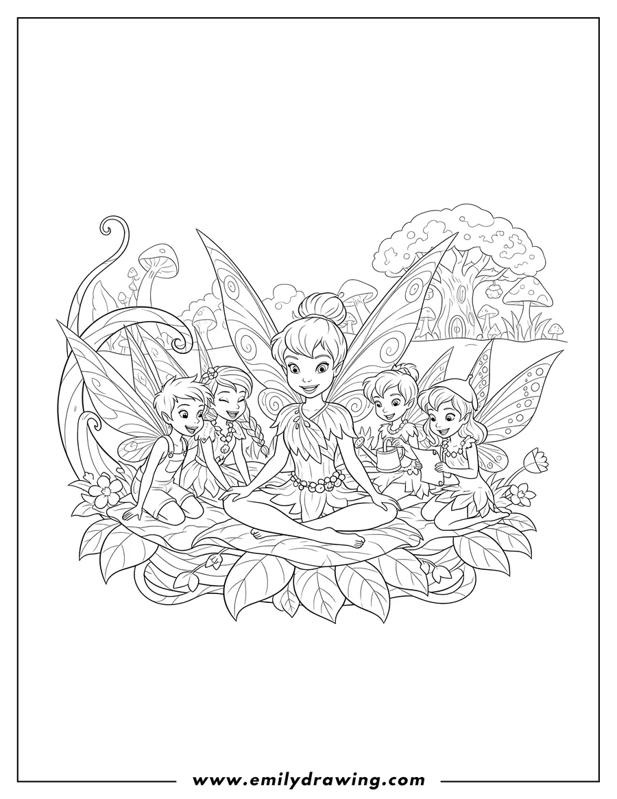 High quality printable pixie Hollow Scaled, five fairies sitting together for coloring