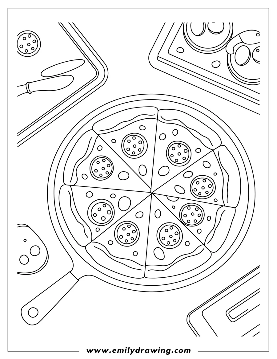 Black and white line art of pizza