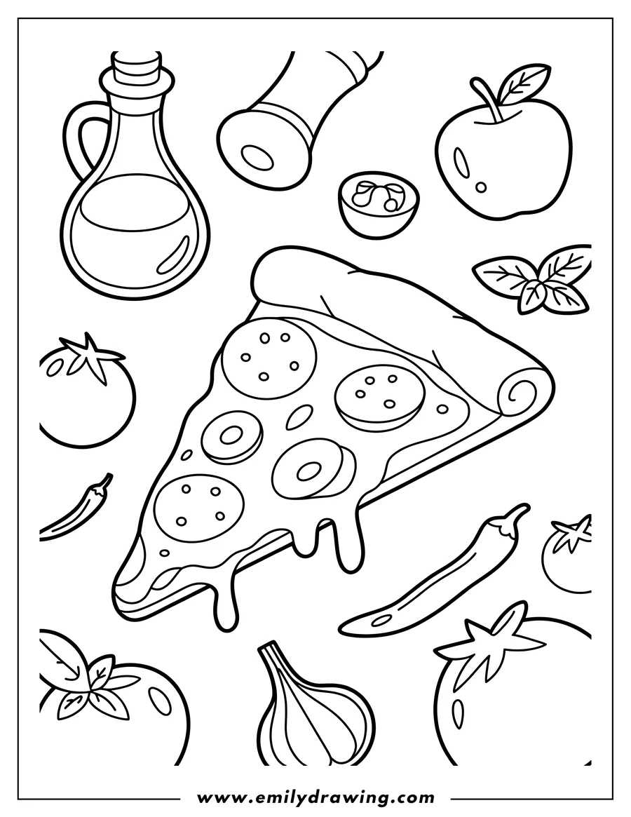Black and white line art of pizza Slice