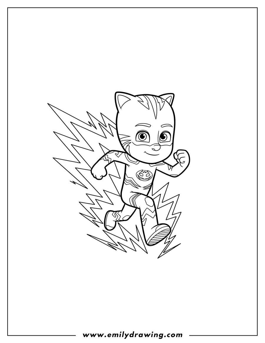 Printable coloring page of pj Masks Catboy running with zigzag lines