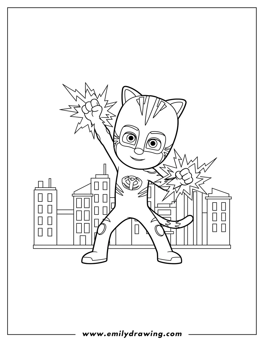 High quality printable pj Masks Catboy Using Lightning Powers, with one arm raised and energy bolts around his forearms for coloring