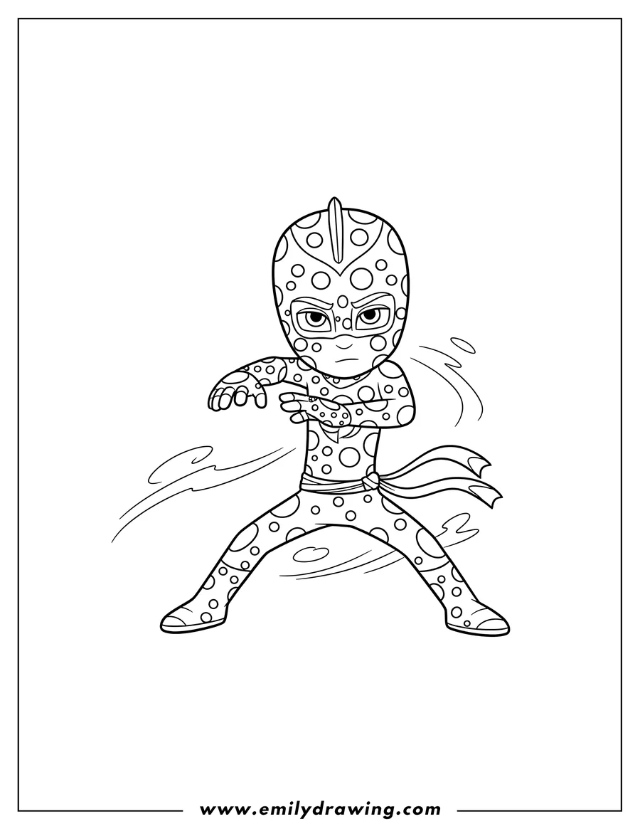 Simple sketch of pj Masks Night Ninja Cool Pose, in a martial arts stance with his spotted costume to color